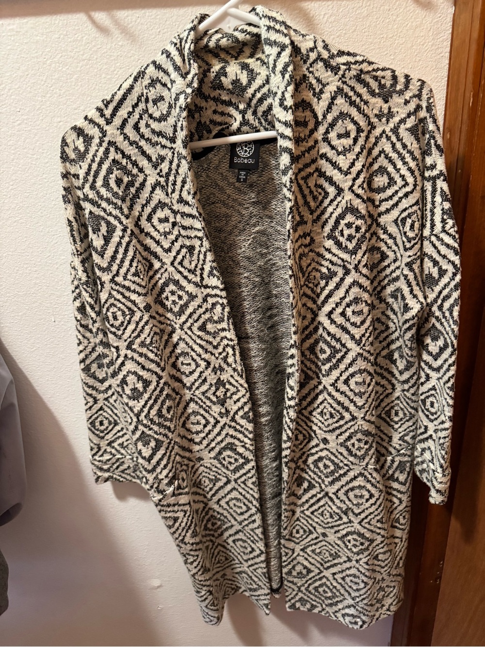 bobeau Black & Cream Geometric Open-Front midi Cardigan/duster